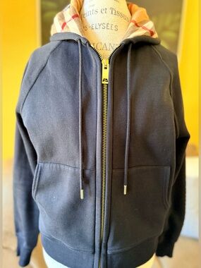 Burberry London England Black Full Zip Hoodie Vintage Check Hood Size M